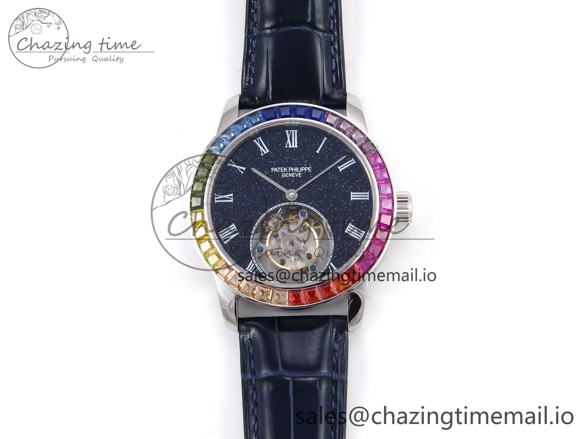 PP Tourbillon SS Rainbow Bezel RMSF Edition Black Starry Dial on Blue Leather Strap DailyWear 8687
