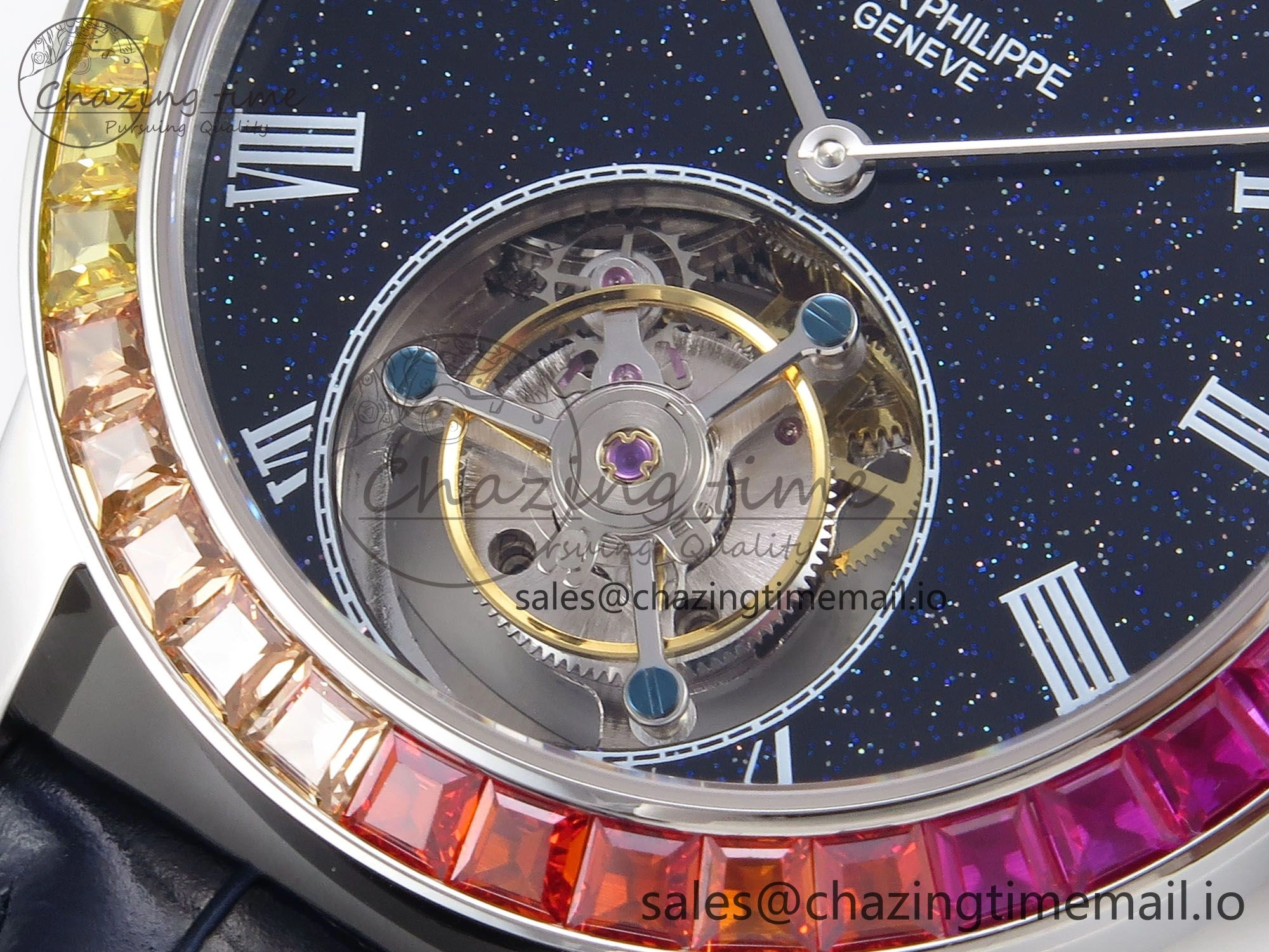 PP Tourbillon SS Rainbow Bezel RMSF Edition Black Starry Dial on Blue Leather Strap DailyWear 8687