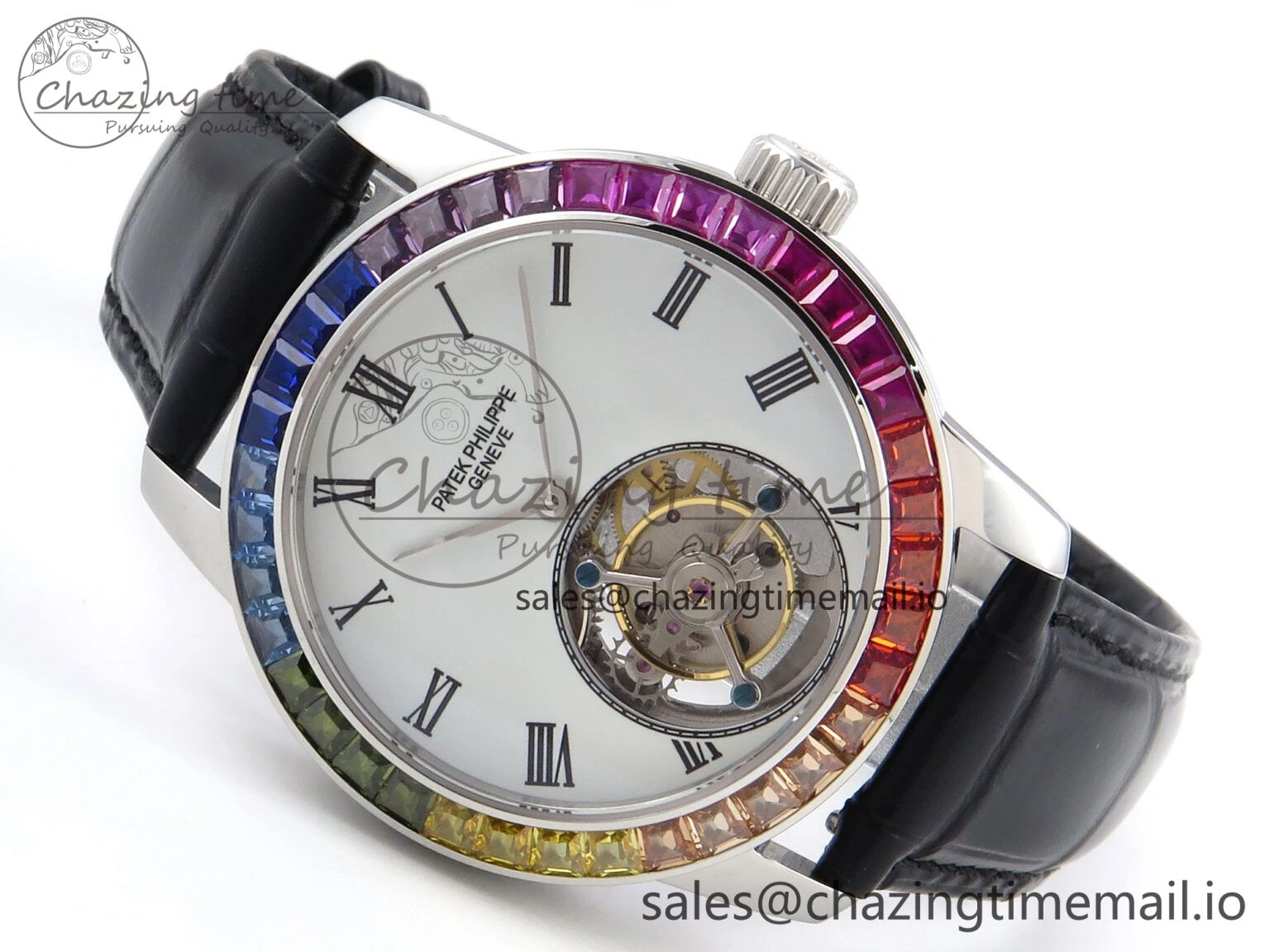 Efficient PP Tourbillon SS Rainbow Bezel RMSF Edition White Dial on Black Leather Strap 8688