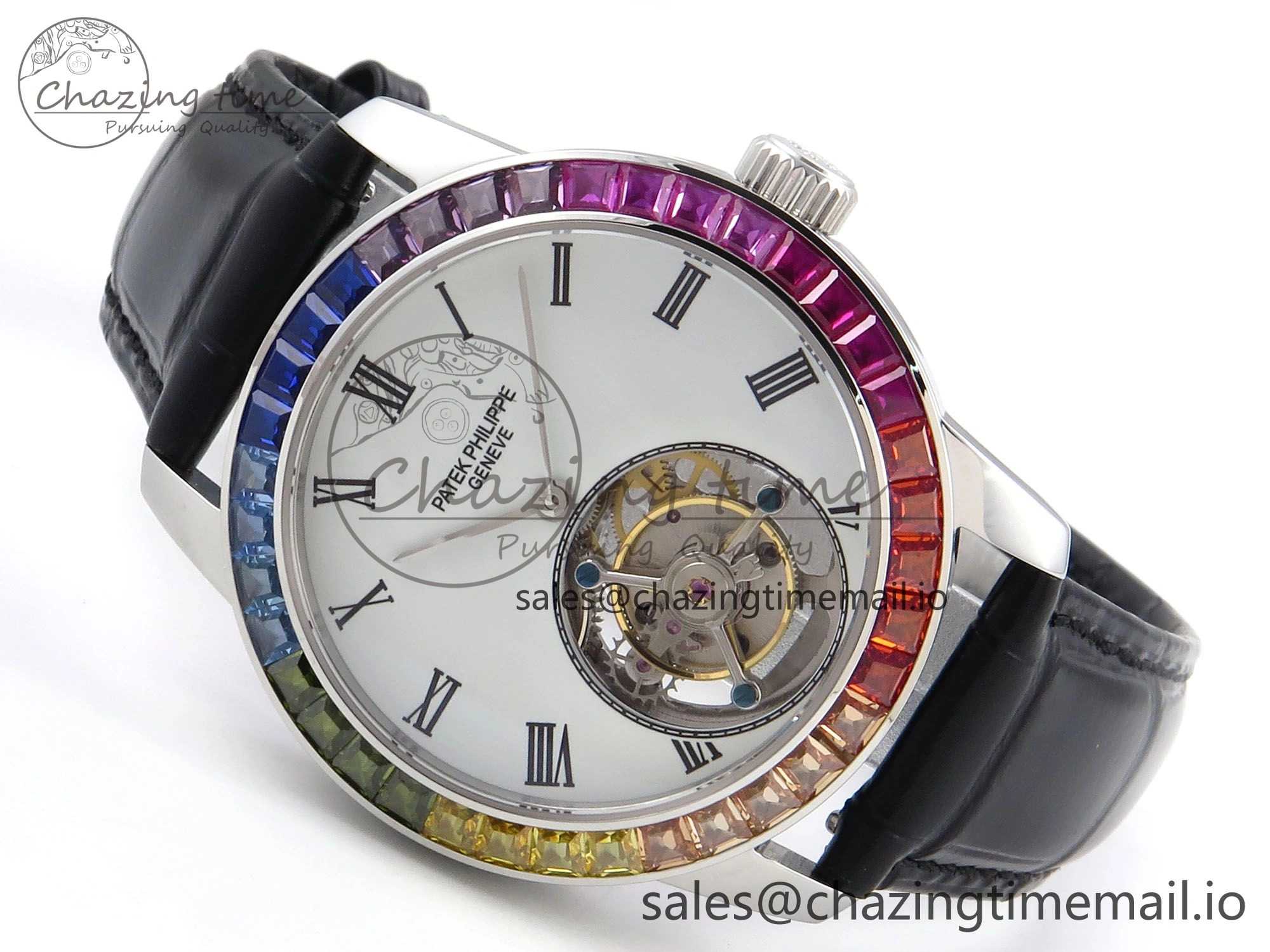 Efficient PP Tourbillon SS Rainbow Bezel RMSF Edition White Dial on Black Leather Strap 8688