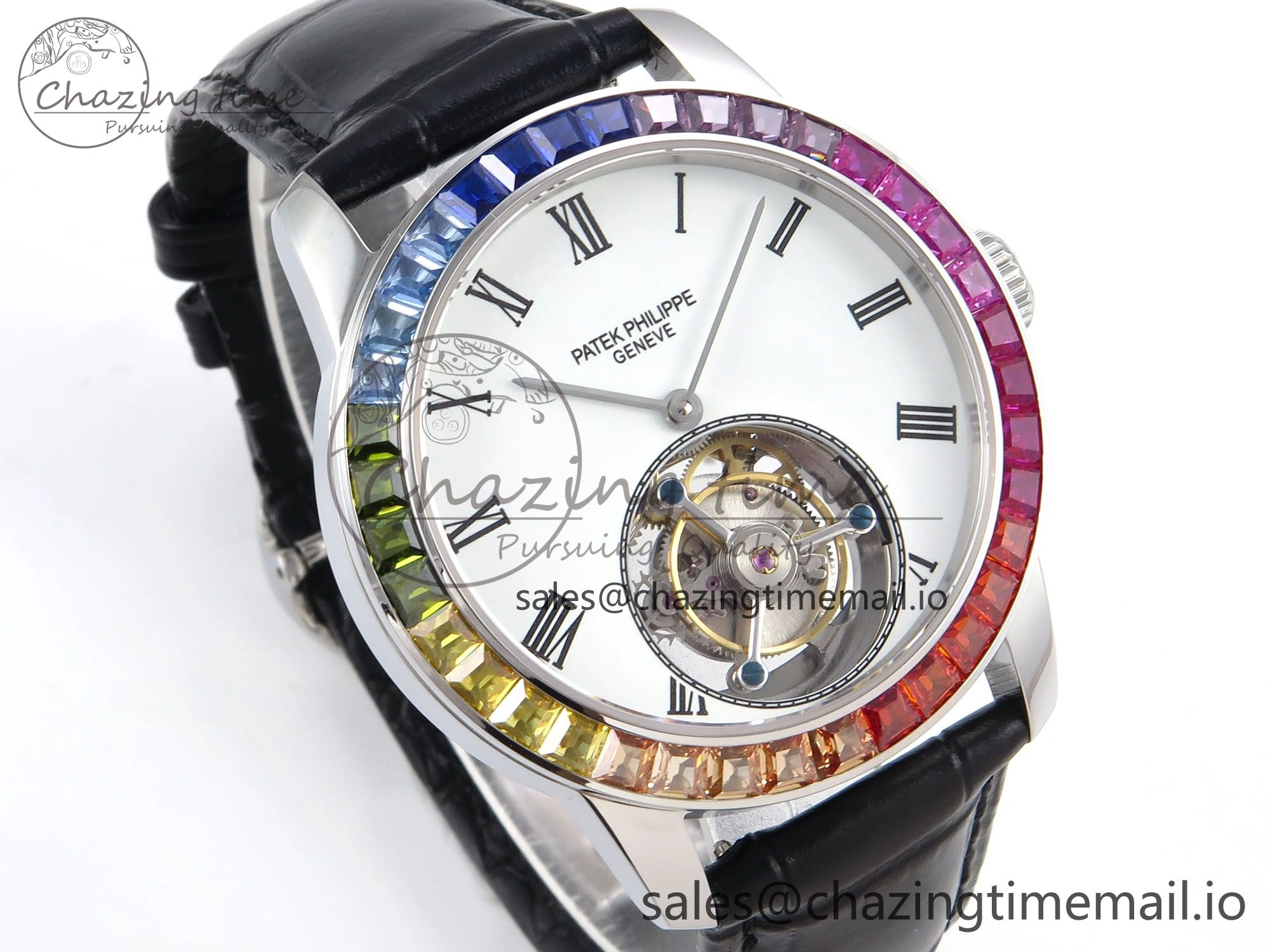 Efficient PP Tourbillon SS Rainbow Bezel RMSF Edition White Dial on Black Leather Strap 8688