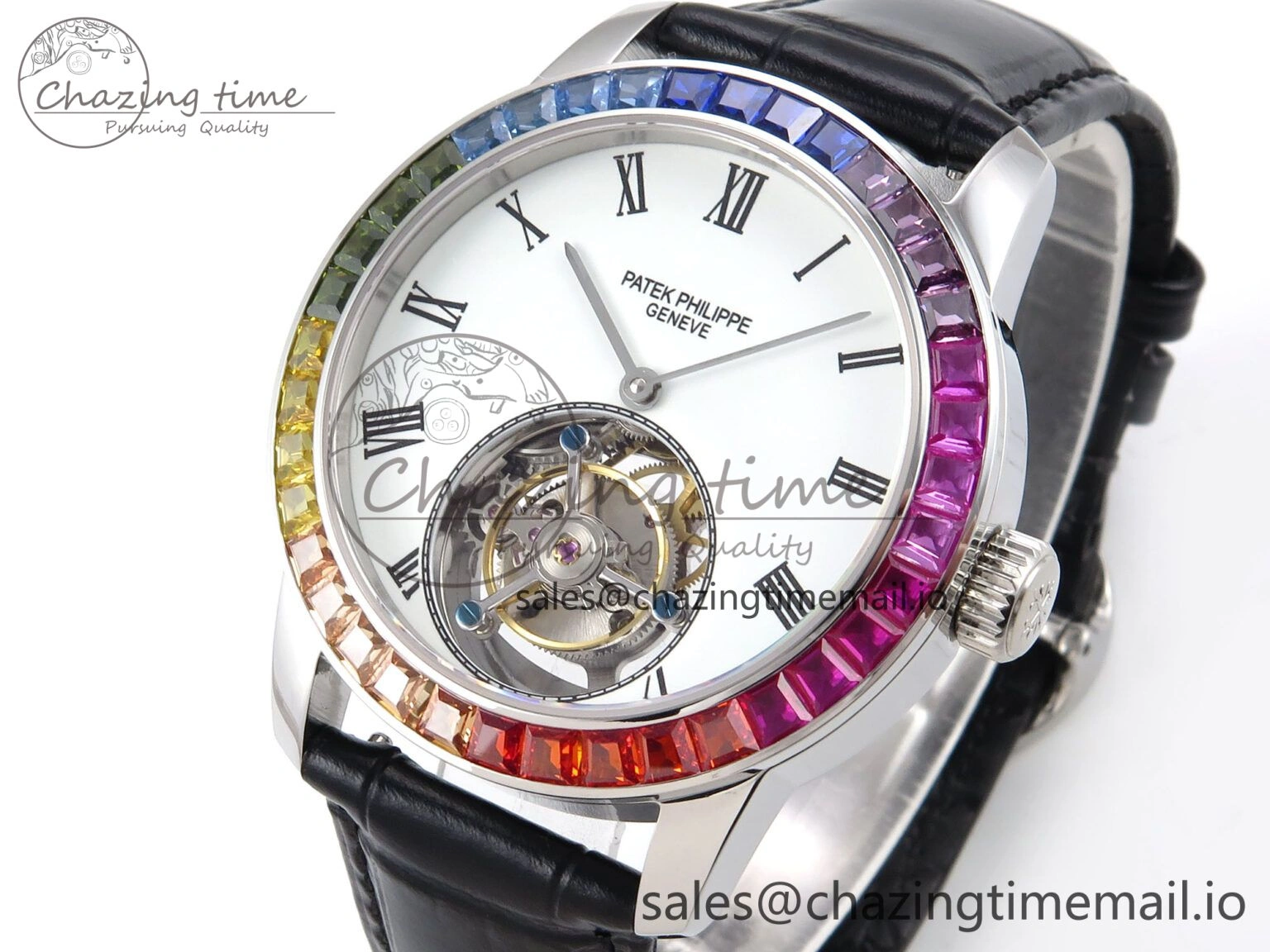 Efficient PP Tourbillon SS Rainbow Bezel RMSF Edition White Dial on Black Leather Strap 8688