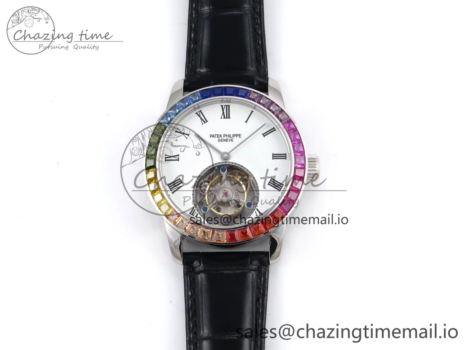 Efficient PP Tourbillon SS Rainbow Bezel RMSF Edition White Dial on Black Leather Strap 8688