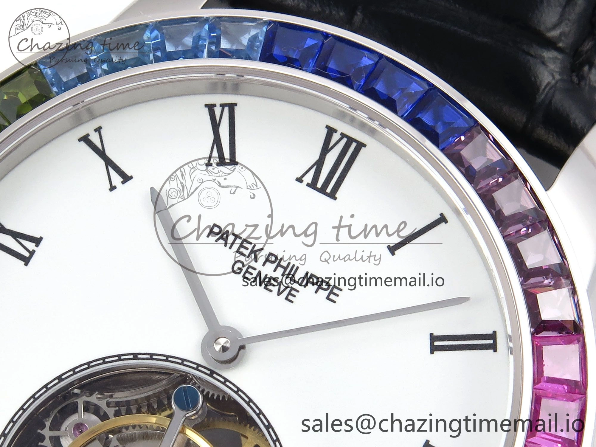 Efficient PP Tourbillon SS Rainbow Bezel RMSF Edition White Dial on Black Leather Strap 8688