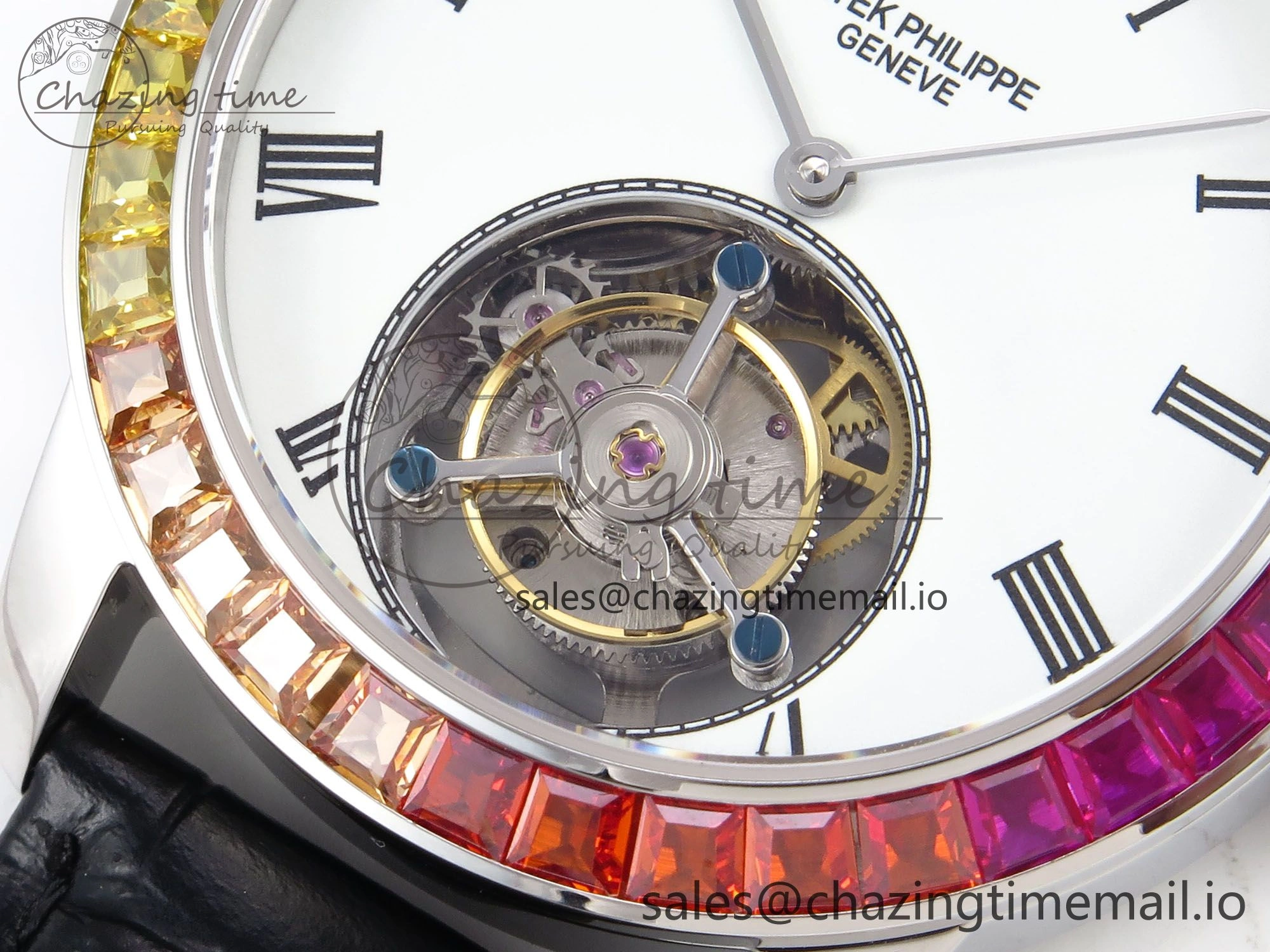 Efficient PP Tourbillon SS Rainbow Bezel RMSF Edition White Dial on Black Leather Strap 8688