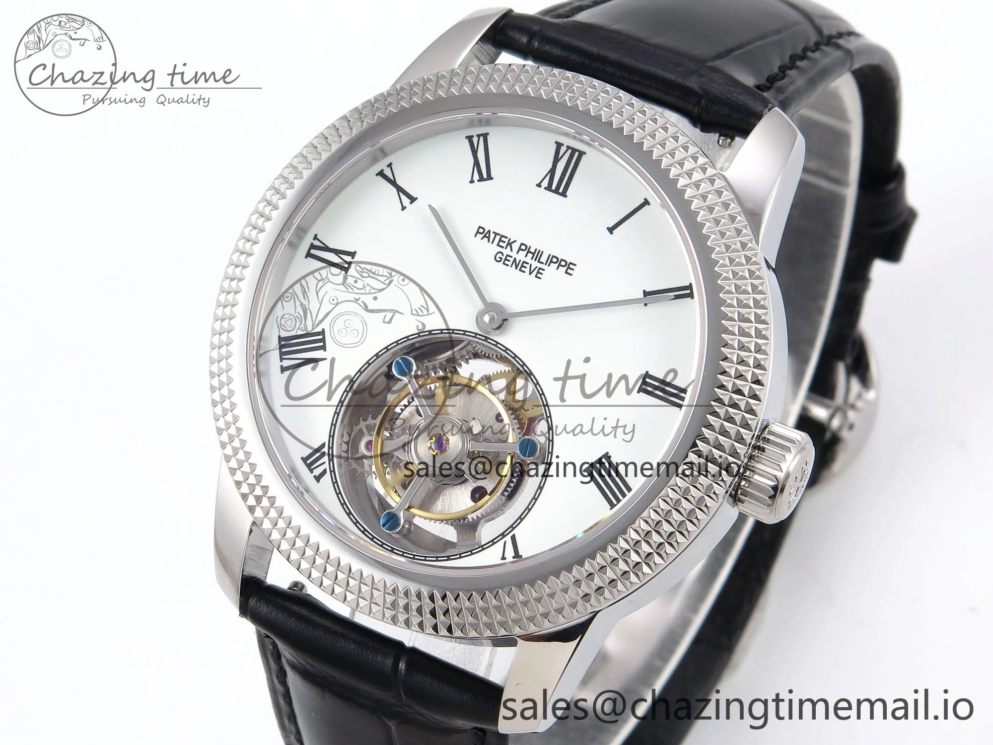 PP Tourbillon SS Texuted Bezel RMSF Edition White Dial on Black Leather Strap EasyMatch 8692