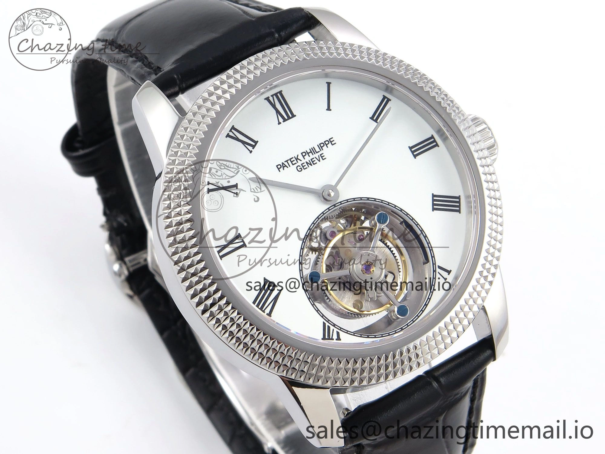 PP Tourbillon SS Texuted Bezel RMSF Edition White Dial on Black Leather Strap EasyMatch 8692