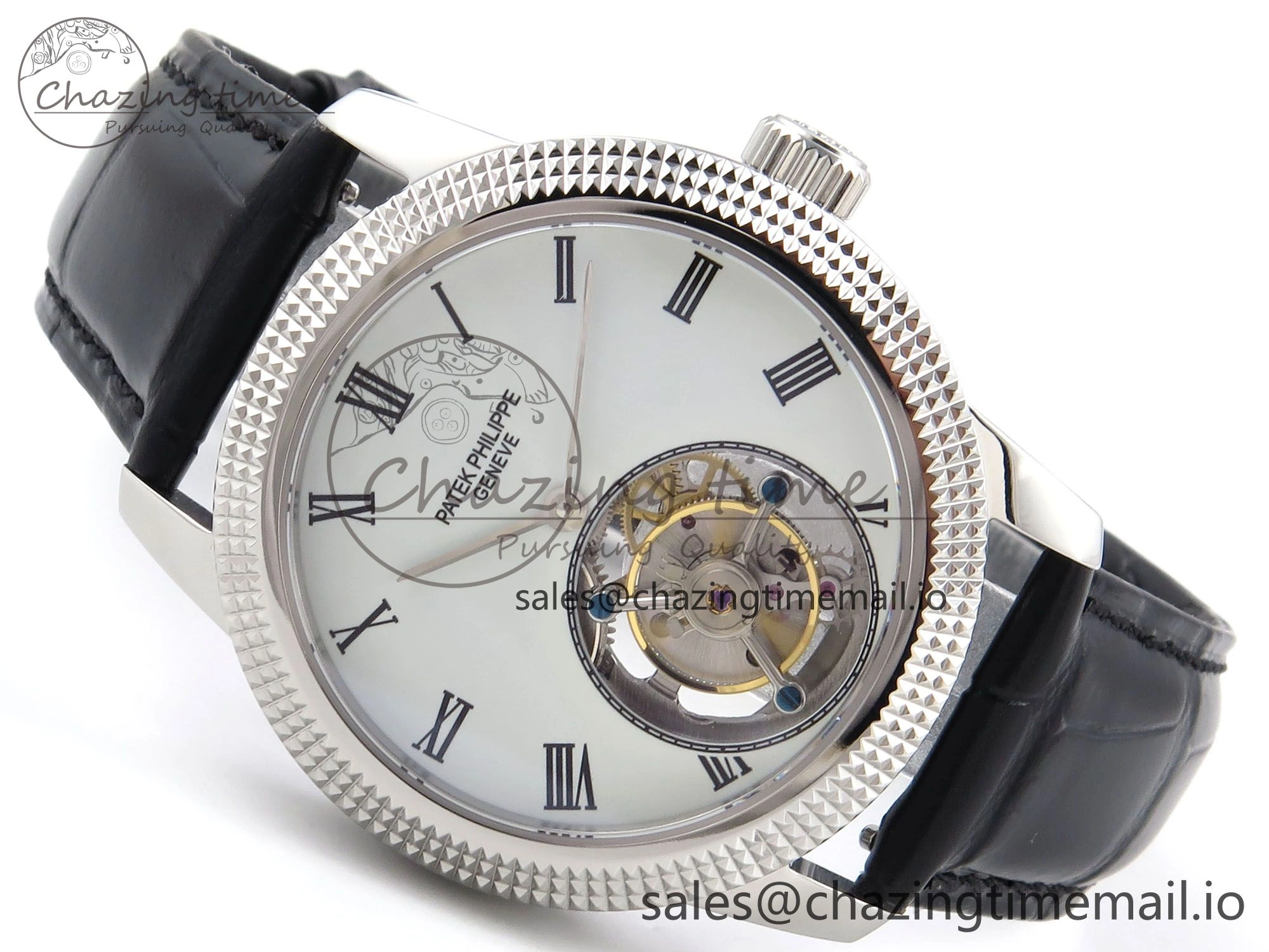 PP Tourbillon SS Texuted Bezel RMSF Edition White Dial on Black Leather Strap EasyMatch 8692