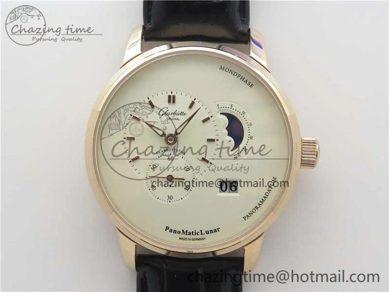 EyeCatching PanoMaticLunar RG TZF White Dial on Black Leather Strap A23J 4863