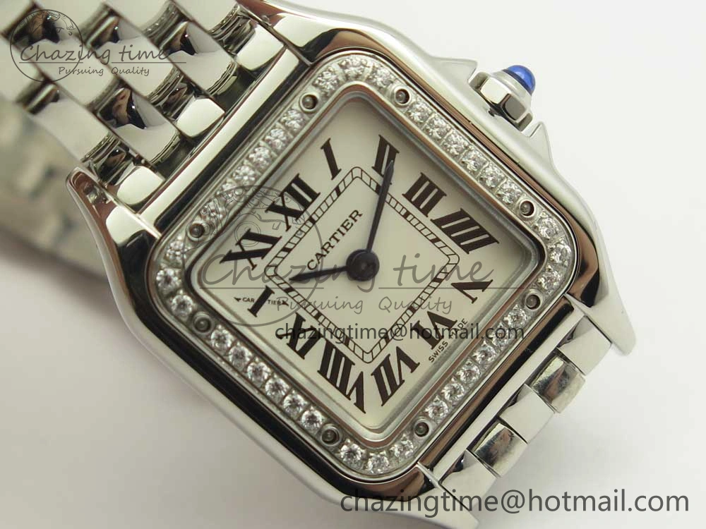 Snug Panthère Secrete Ladies 22mm SS Diamonds Bezel 8848F 1:1 Best Edition White Dial on SS Bracelet Ronda Quartz 6178