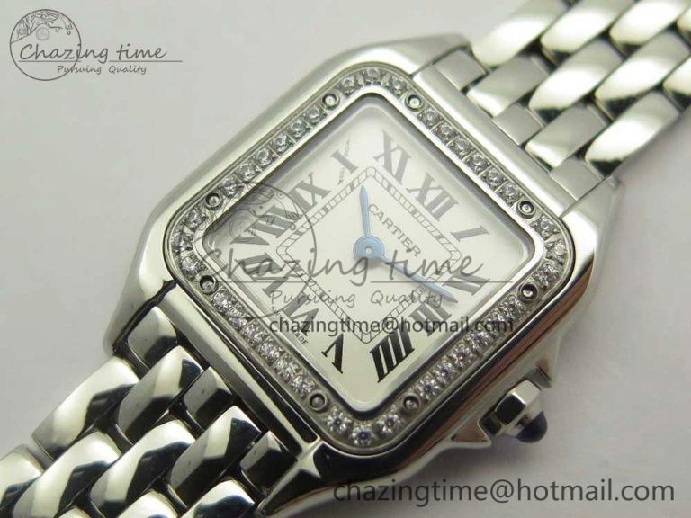 Snug Panthère Secrete Ladies 22mm SS Diamonds Bezel 8848F 1:1 Best Edition White Dial on SS Bracelet Ronda Quartz 6178