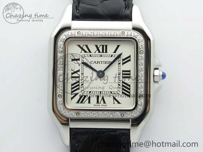 EasyCare Panthère Secrete Ladies 27mm SS 8848F 1:1 Best Edition White Dial Diamonds Bezel on Black Croco Strap Ronda Quartz 6157