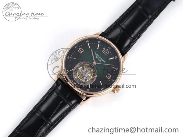 Premium Patek Philippe Tourbillon RG RMSF Edition Dark Green Dial on Black Leather Strap 8735