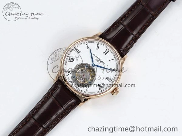 Youthful Patek Philippe Tourbillon RG RMSF Edition White Dial Roman Markers on Brown Leather Strap 8737