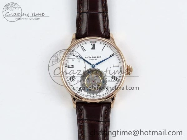 Youthful Patek Philippe Tourbillon RG RMSF Edition White Dial Roman Markers on Brown Leather Strap 8737