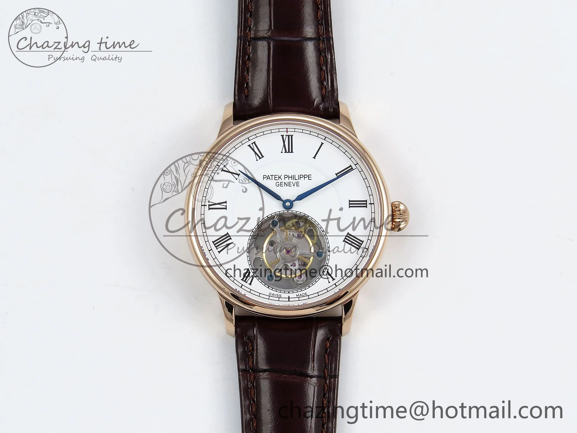 Youthful Patek Philippe Tourbillon RG RMSF Edition White Dial Roman Markers on Brown Leather Strap 8737