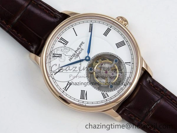 Youthful Patek Philippe Tourbillon RG RMSF Edition White Dial Roman Markers on Brown Leather Strap 8737