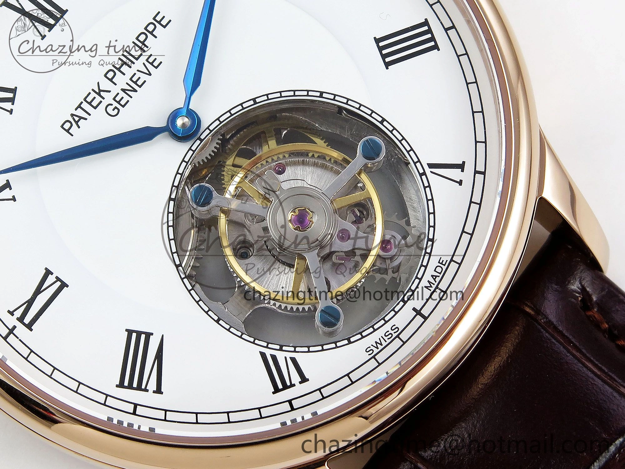 Youthful Patek Philippe Tourbillon RG RMSF Edition White Dial Roman Markers on Brown Leather Strap 8737