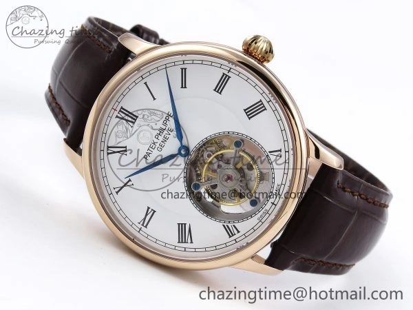 Youthful Patek Philippe Tourbillon RG RMSF Edition White Dial Roman Markers on Brown Leather Strap 8737