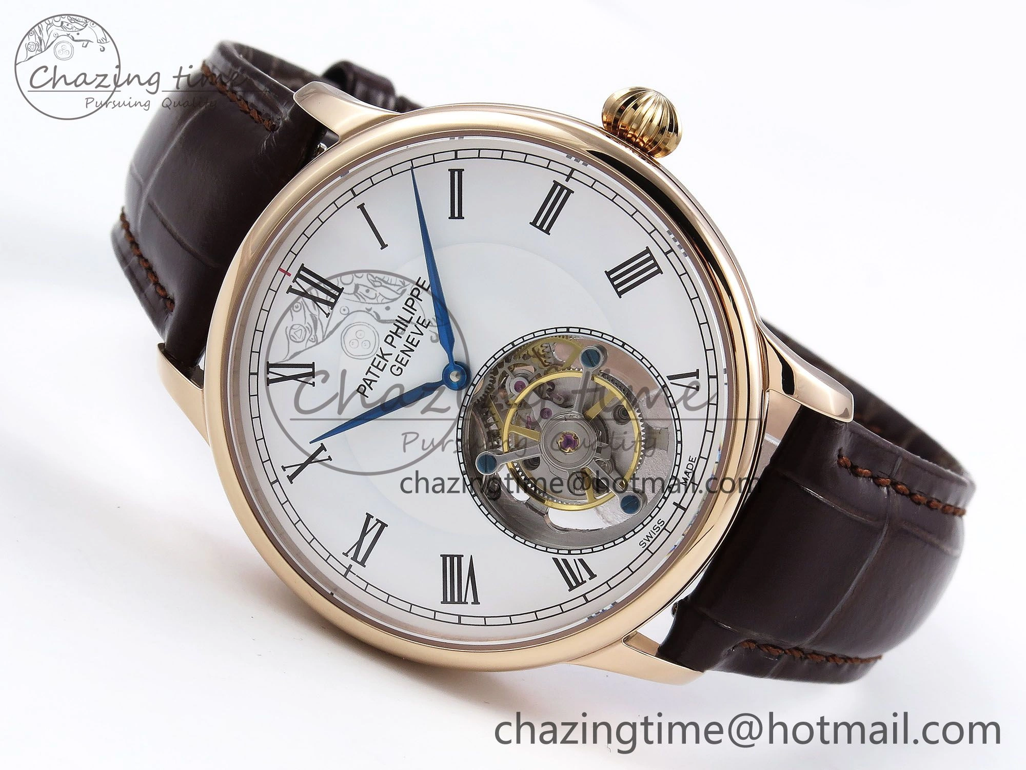 Youthful Patek Philippe Tourbillon RG RMSF Edition White Dial Roman Markers on Brown Leather Strap 8737