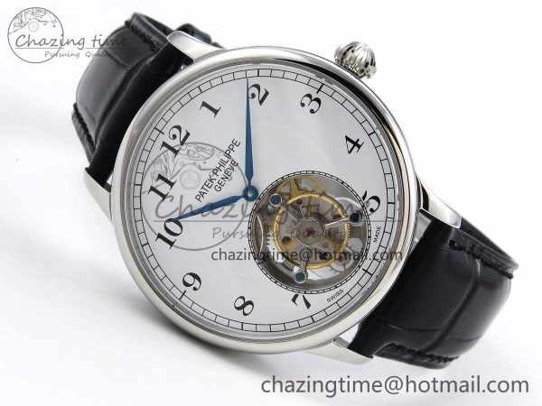 Stretchable Patek Philippe Tourbillon SS RMSF Edition White Dial Numeral Markers on Black Leather Strap 8736