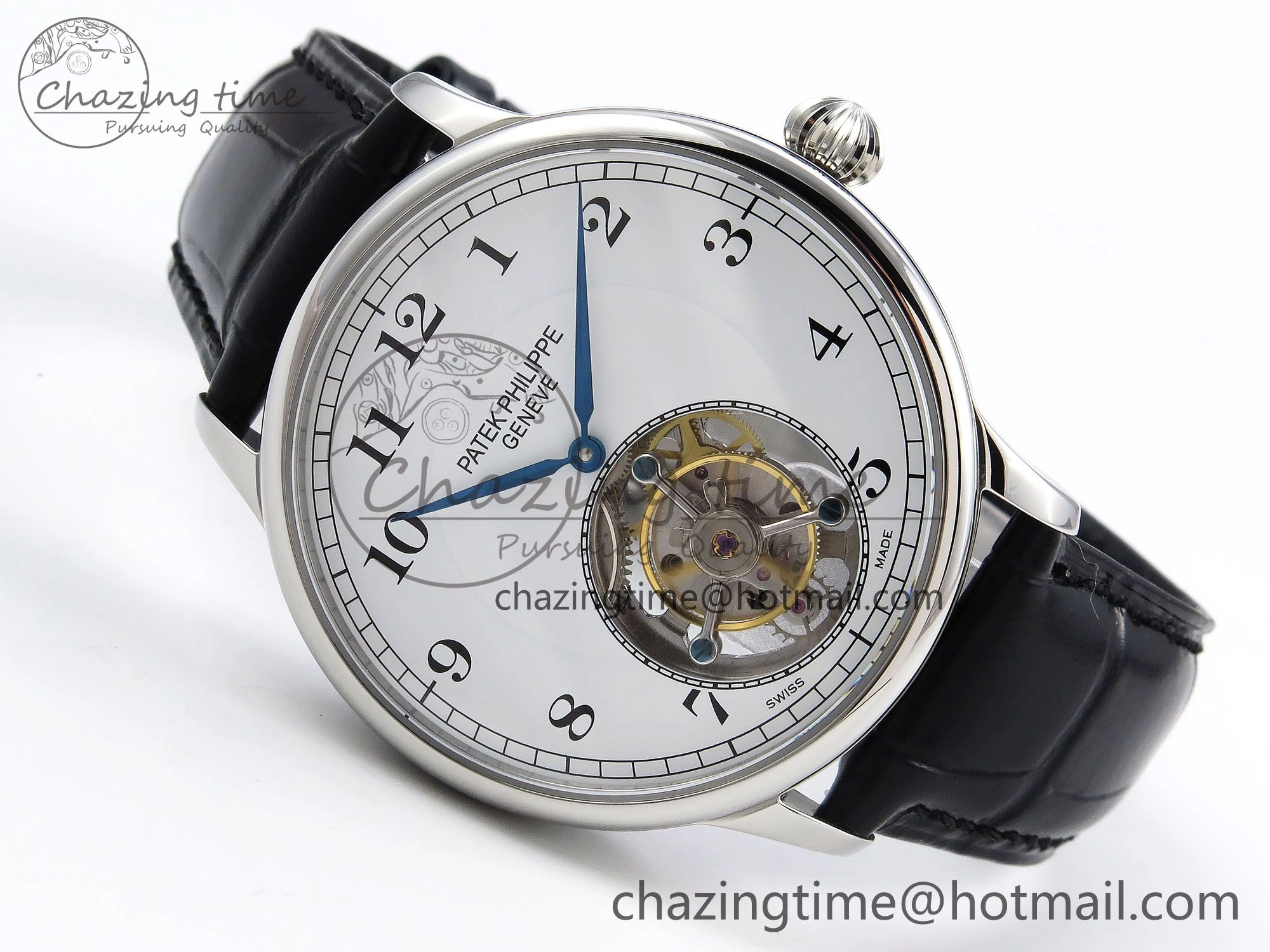 Stretchable Patek Philippe Tourbillon SS RMSF Edition White Dial Numeral Markers on Black Leather Strap 8736