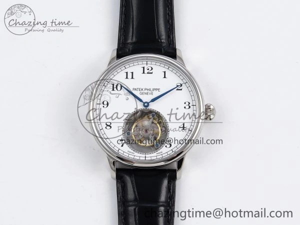 Stretchable Patek Philippe Tourbillon SS RMSF Edition White Dial Numeral Markers on Black Leather Strap 8736