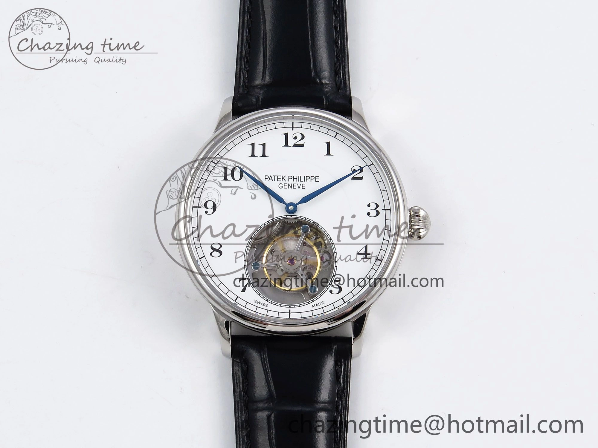 Stretchable Patek Philippe Tourbillon SS RMSF Edition White Dial Numeral Markers on Black Leather Strap 8736