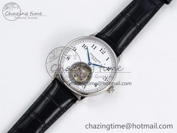 Stretchable Patek Philippe Tourbillon SS RMSF Edition White Dial Numeral Markers on Black Leather Strap 8736