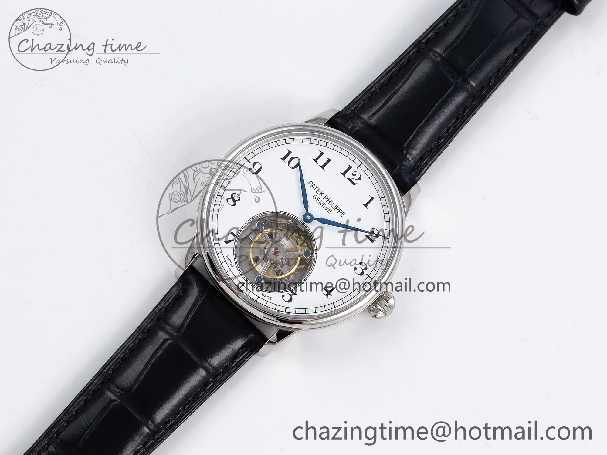 Stretchable Patek Philippe Tourbillon SS RMSF Edition White Dial Numeral Markers on Black Leather Strap 8736