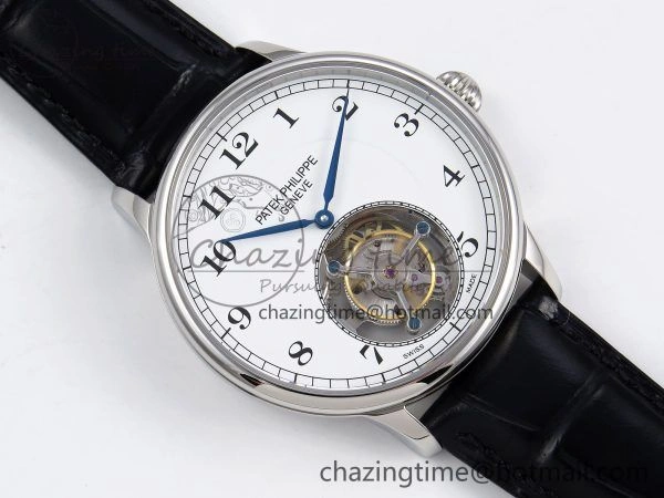 Stretchable Patek Philippe Tourbillon SS RMSF Edition White Dial Numeral Markers on Black Leather Strap 8736