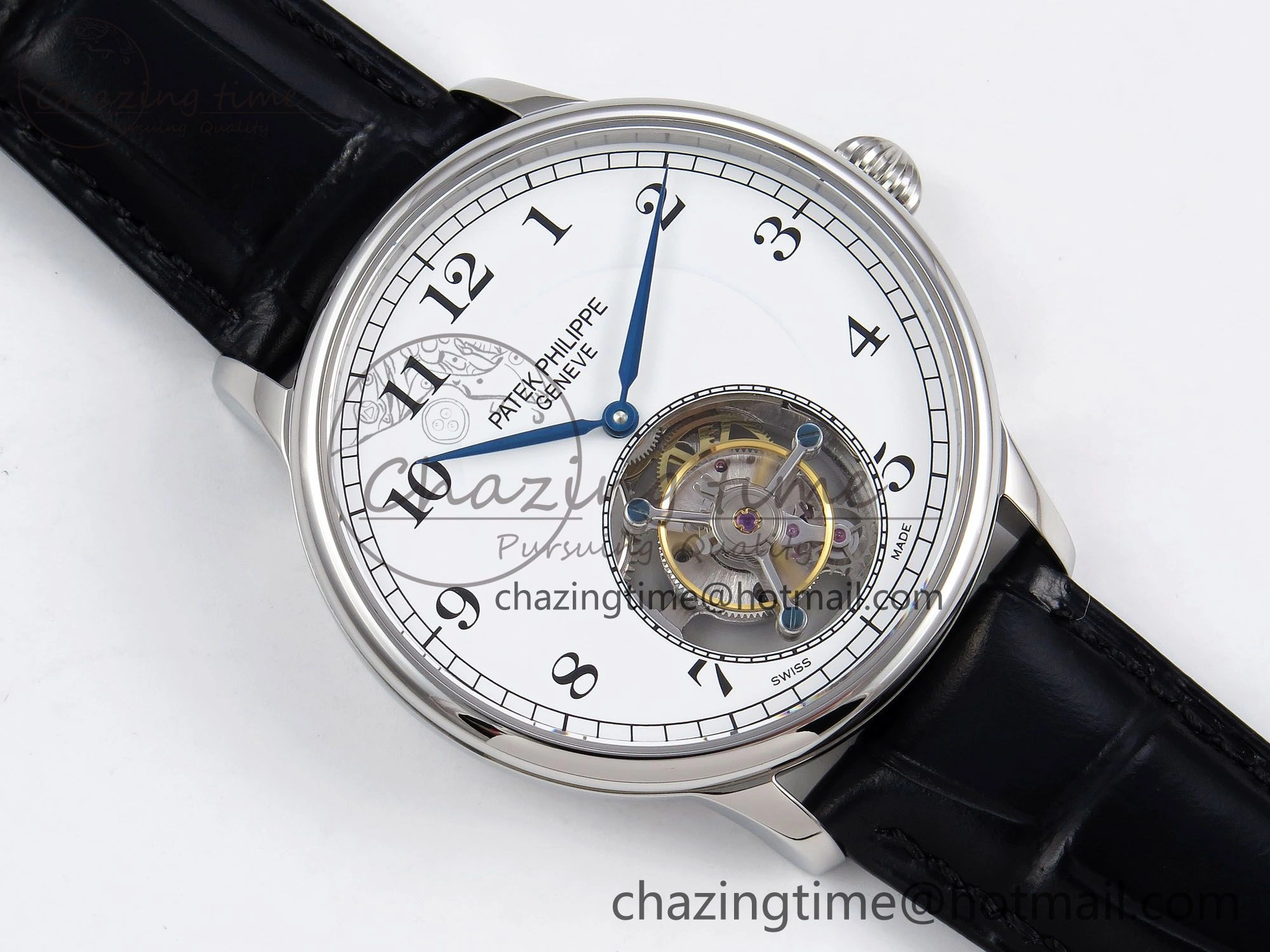 Stretchable Patek Philippe Tourbillon SS RMSF Edition White Dial Numeral Markers on Black Leather Strap 8736