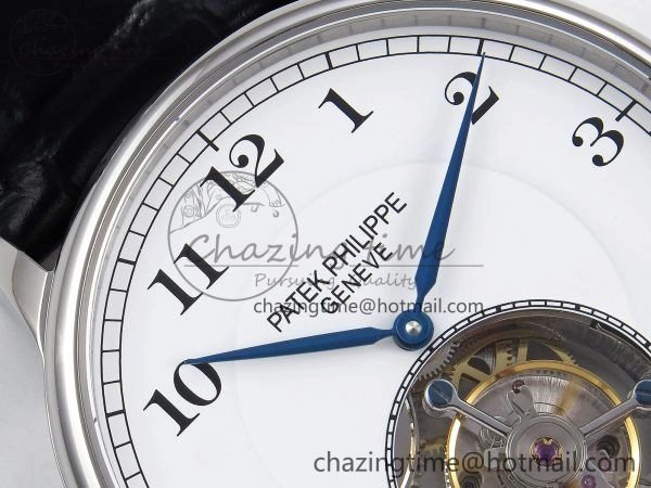 Stretchable Patek Philippe Tourbillon SS RMSF Edition White Dial Numeral Markers on Black Leather Strap 8736