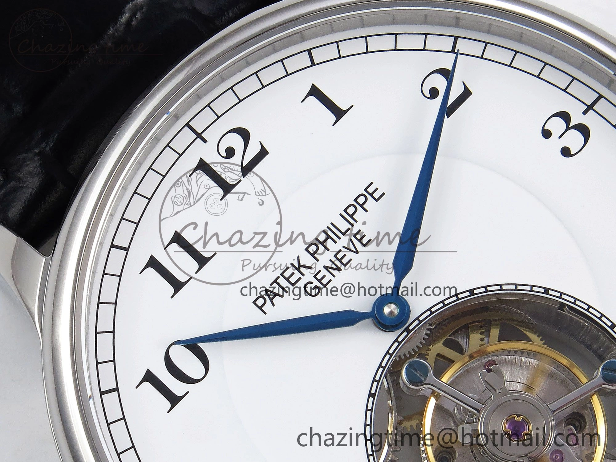 Stretchable Patek Philippe Tourbillon SS RMSF Edition White Dial Numeral Markers on Black Leather Strap 8736