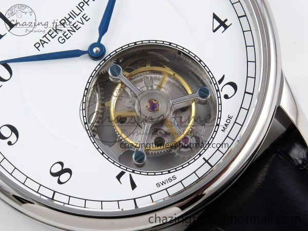 Stretchable Patek Philippe Tourbillon SS RMSF Edition White Dial Numeral Markers on Black Leather Strap 8736