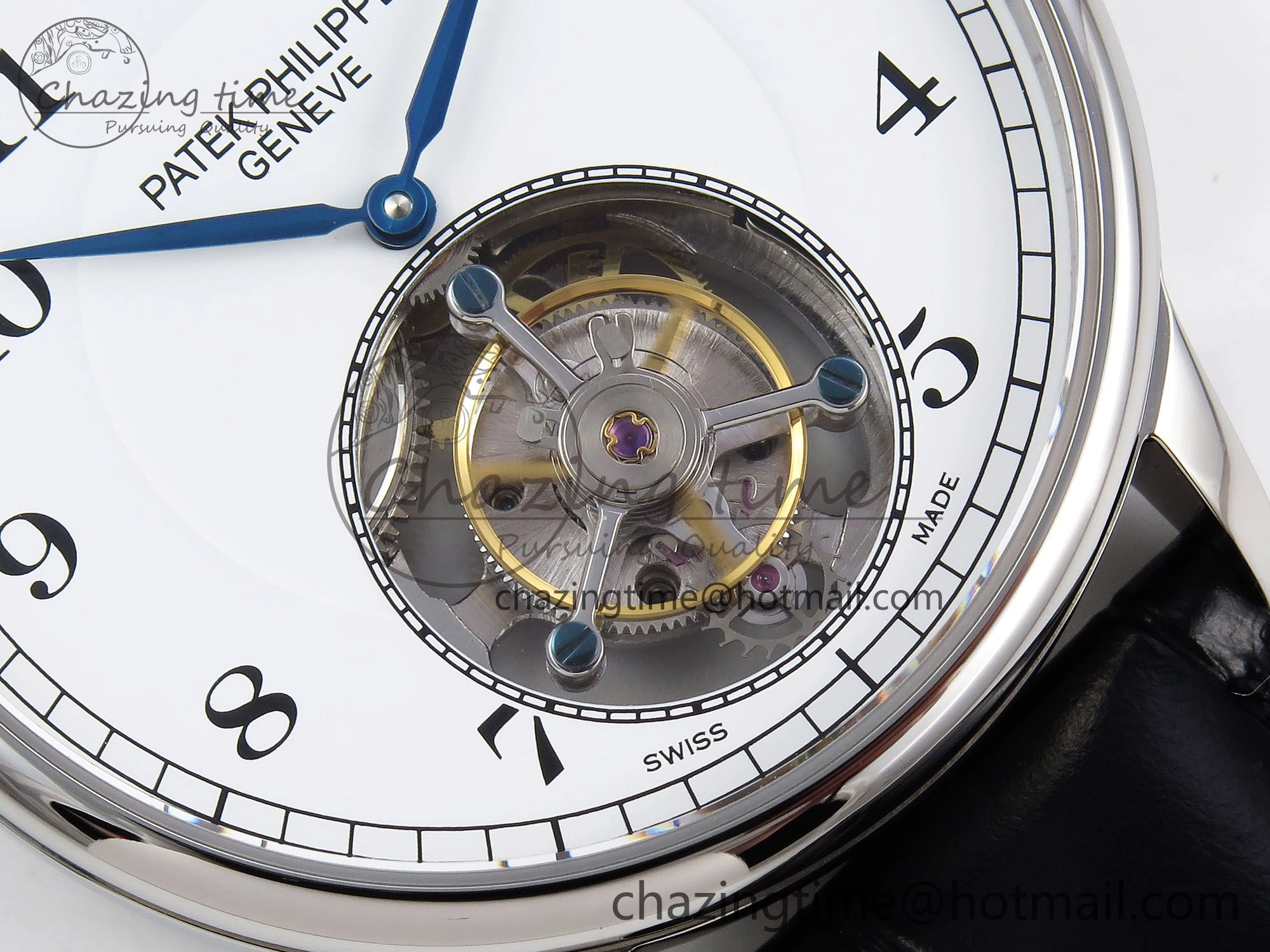 Stretchable Patek Philippe Tourbillon SS RMSF Edition White Dial Numeral Markers on Black Leather Strap 8736