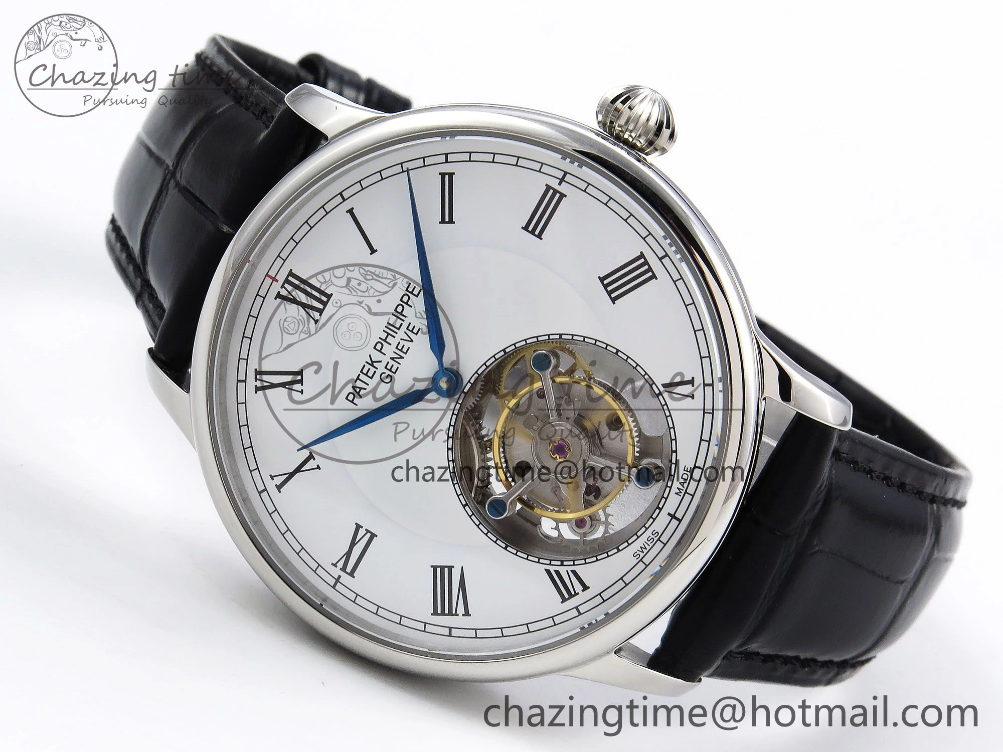 AllSeason Patek Philippe Tourbillon SS RMSF Edition White Dial Roman Markers on Black Leather Strap 8733