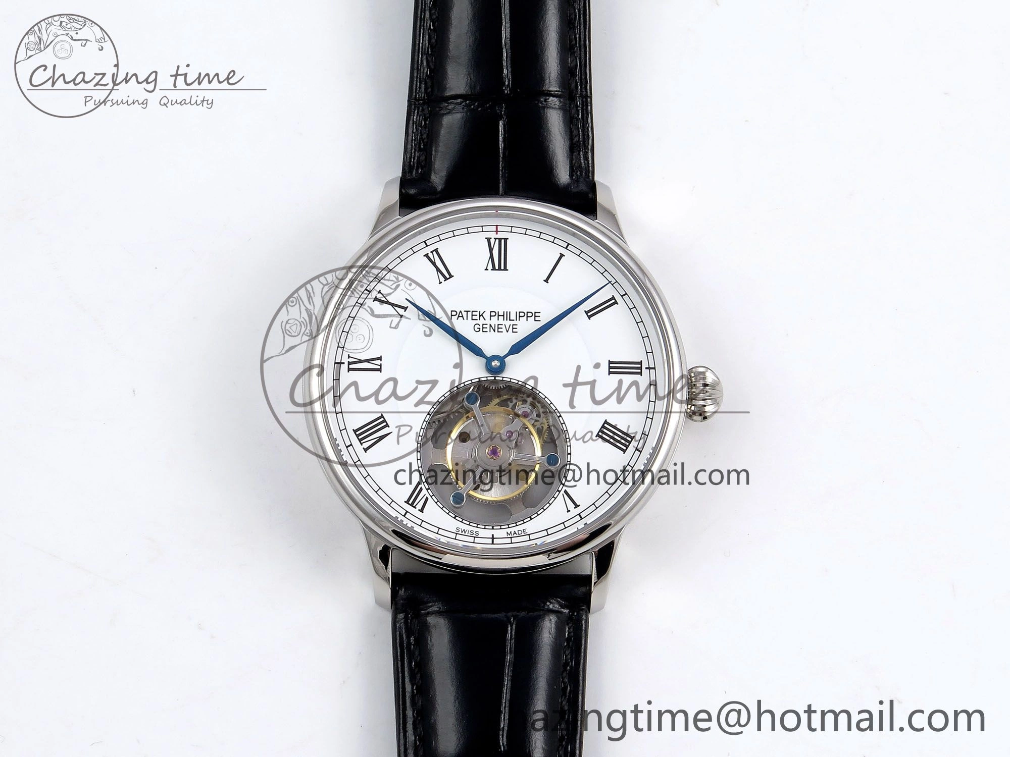 AllSeason Patek Philippe Tourbillon SS RMSF Edition White Dial Roman Markers on Black Leather Strap 8733