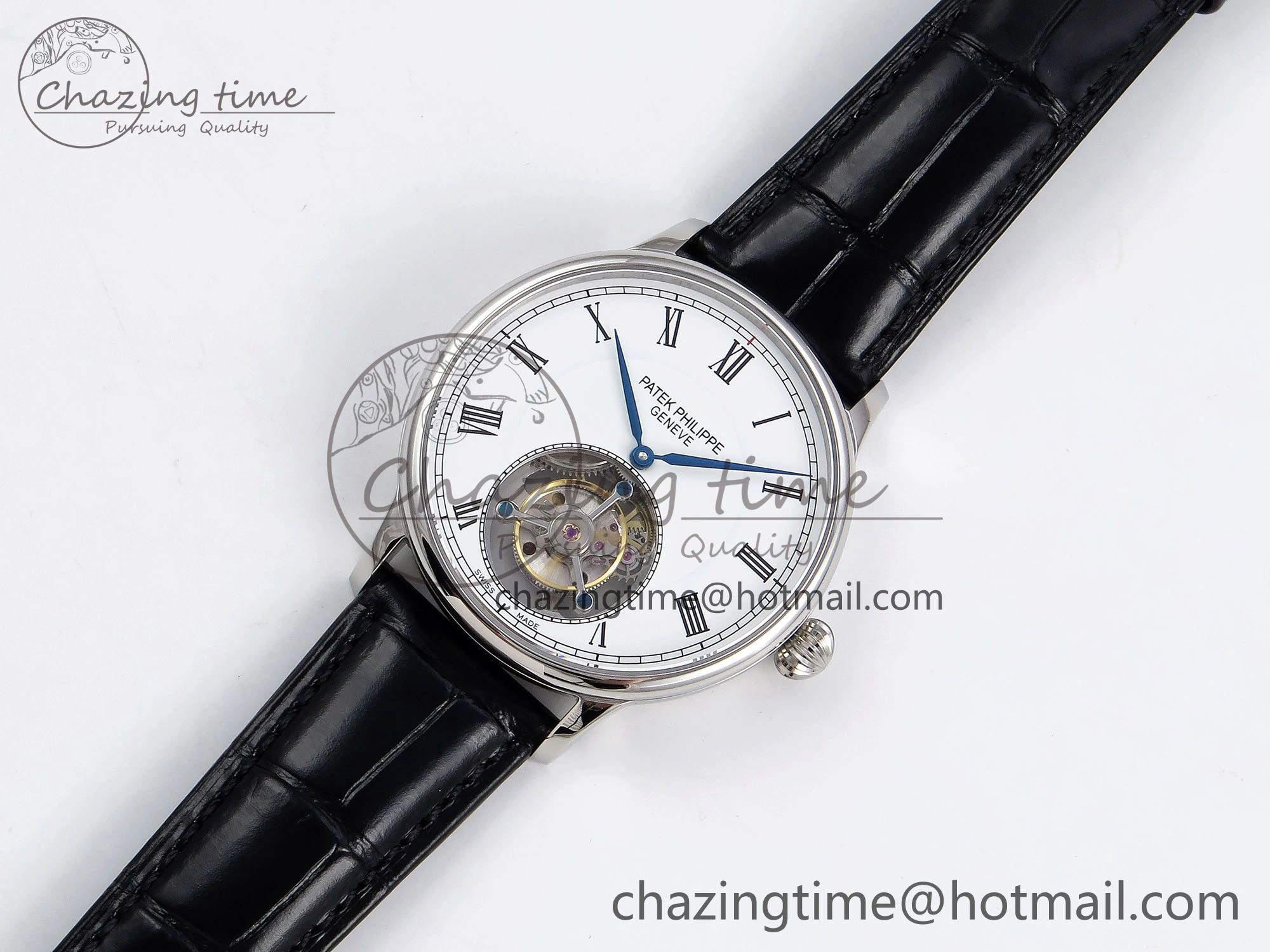 AllSeason Patek Philippe Tourbillon SS RMSF Edition White Dial Roman Markers on Black Leather Strap 8733