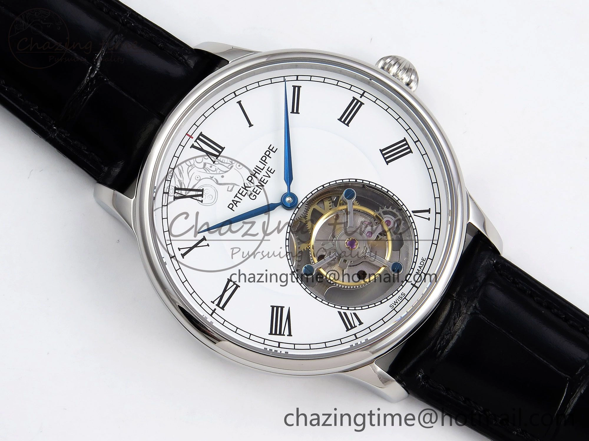 AllSeason Patek Philippe Tourbillon SS RMSF Edition White Dial Roman Markers on Black Leather Strap 8733