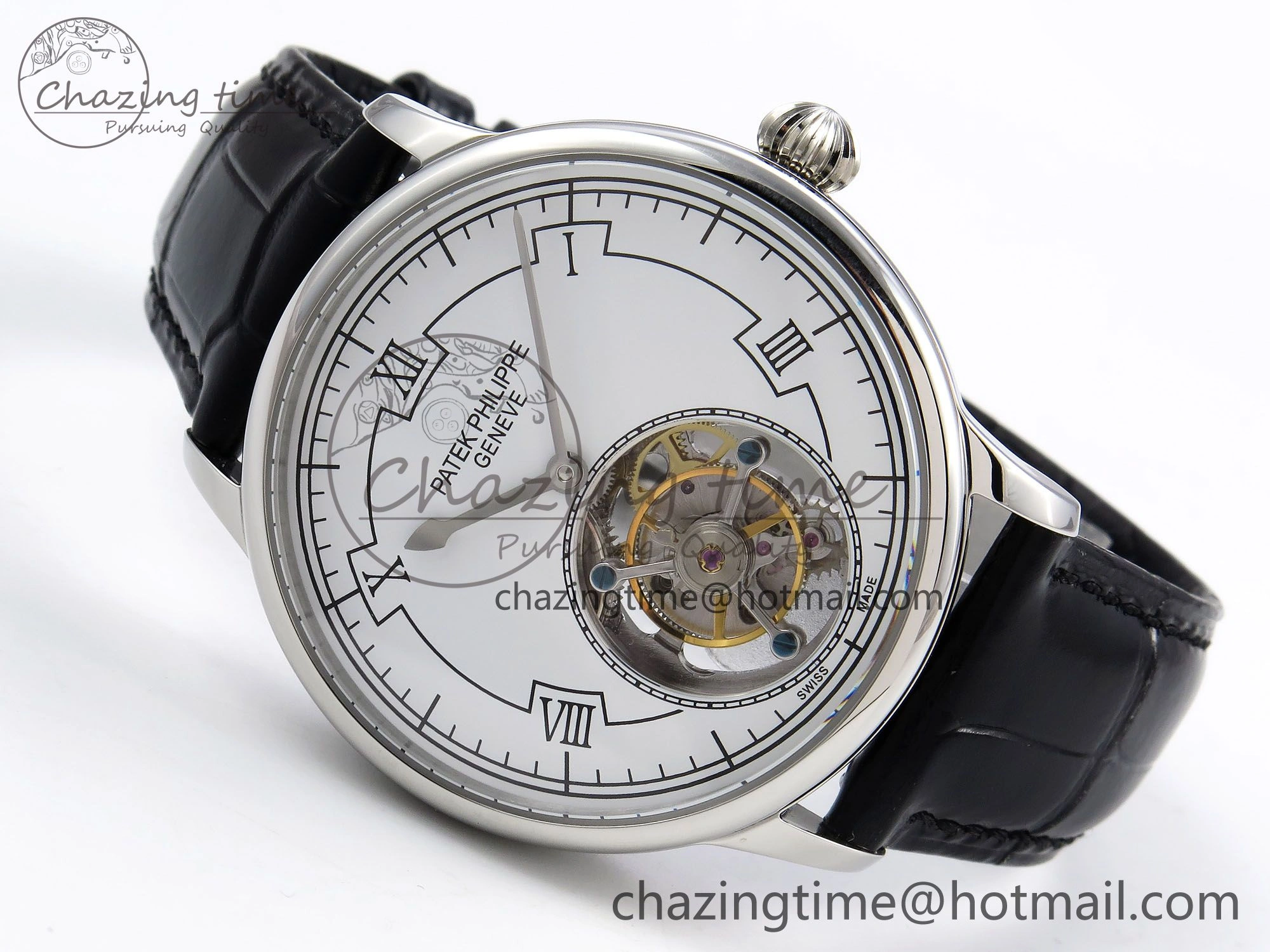 GoAnywhere Patek Philippe Tourbillon SS RMSF Edition White Dial on Black Leather Strap 8734