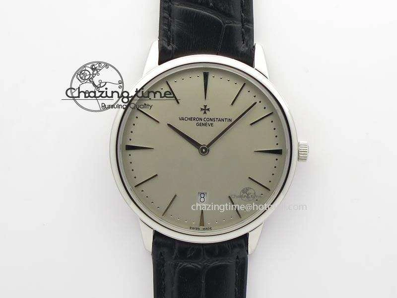 Patrimony Date SS Best Edition Gray Dial On Black Leather Strap Swiss Quartz Supportive 9994