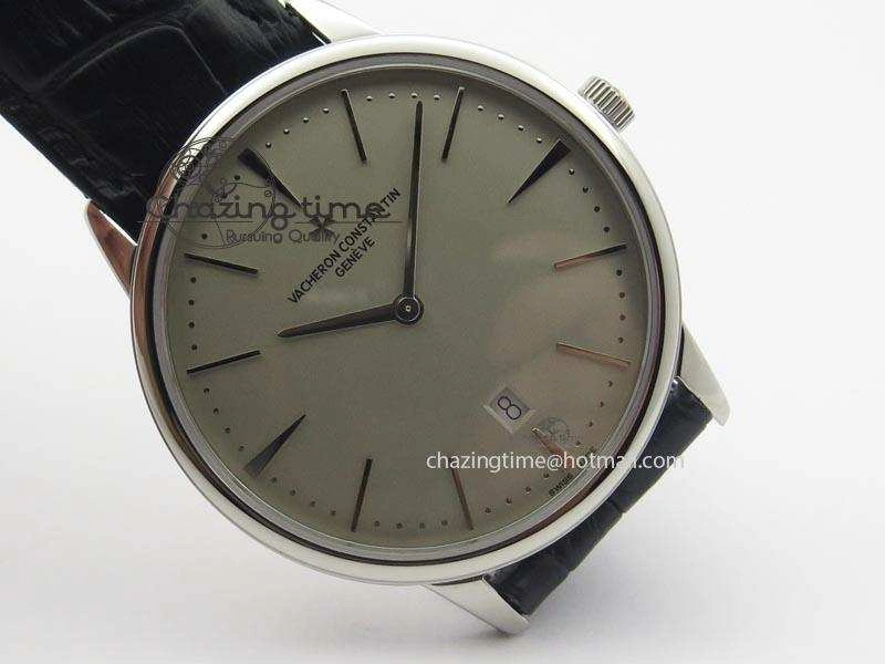 Patrimony Date SS Best Edition Gray Dial On Black Leather Strap Swiss Quartz Supportive 9994
