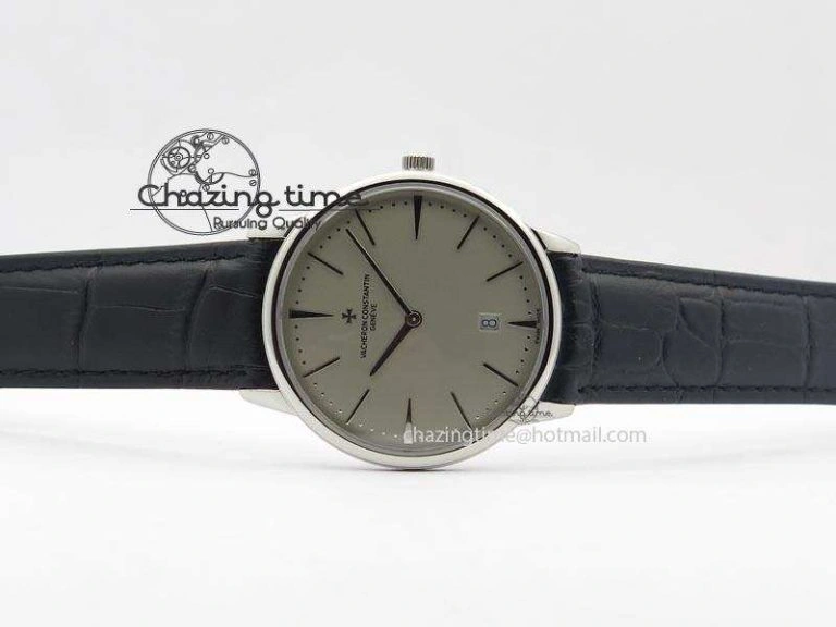 Patrimony Date SS Best Edition Gray Dial On Black Leather Strap Swiss Quartz Supportive 9994