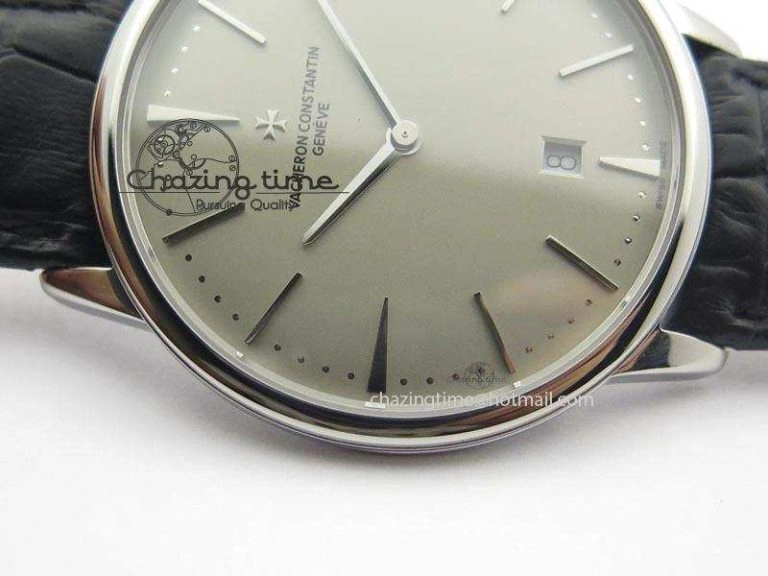 Patrimony Date SS Best Edition Gray Dial On Black Leather Strap Swiss Quartz Supportive 9994