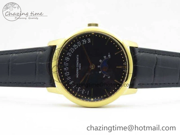 EasyCare Patrimony Retrograde Date MoonPhase YG GS Best Edition Black Dial On Leather Strap A 9973