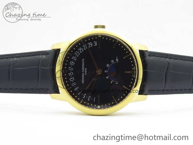 EasyCare Patrimony Retrograde Date MoonPhase YG GS Best Edition Black Dial On Leather Strap A 9973