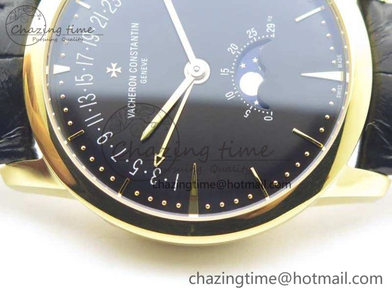 EasyCare Patrimony Retrograde Date MoonPhase YG GS Best Edition Black Dial On Leather Strap A 9973