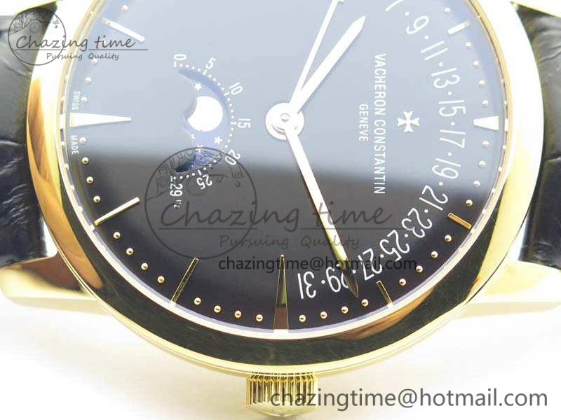 EasyCare Patrimony Retrograde Date MoonPhase YG GS Best Edition Black Dial On Leather Strap A 9973