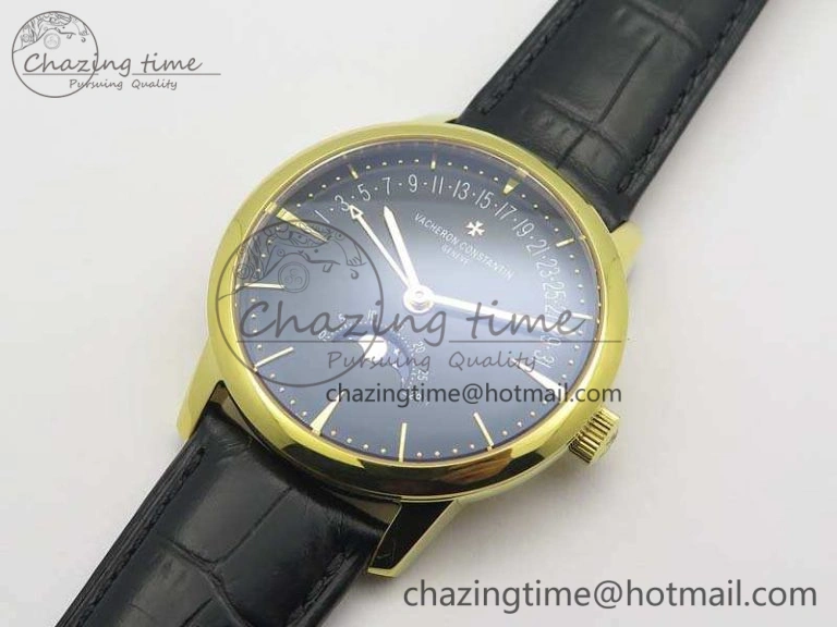 EasyCare Patrimony Retrograde Date MoonPhase YG GS Best Edition Black Dial On Leather Strap A 9973
